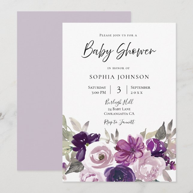 Winter Grau: Lila Lavendel Floral Baby Dusche Einladung (Vorne/Hinten)