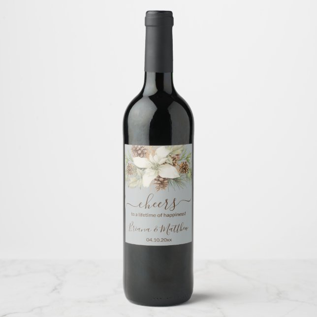 Winter Gray Elegant Script Wedding Weinetikett (Vorderseite)