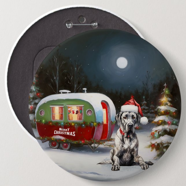 Winter Great Dane Caravan Weihnachtsabenteuer Button (Vorne & Hinten)