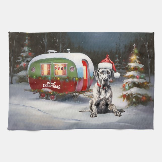 Winter Great Dane Caravan Weihnachtsabenteuer Geschirrtuch (Horizontal)