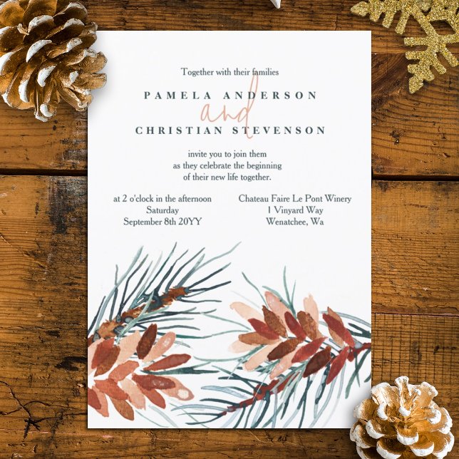 Winter Green, Brown Pine Cones Hochzeiten Einladun Einladung (rustic brown terracotta winter pinecone wedding invitation watercolor winter plants wedding)