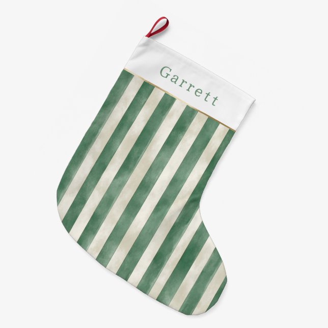 Winter Green Cream Stripes Christmas Großer Weihnachtsstrumpf (Vorderansicht (hängend))