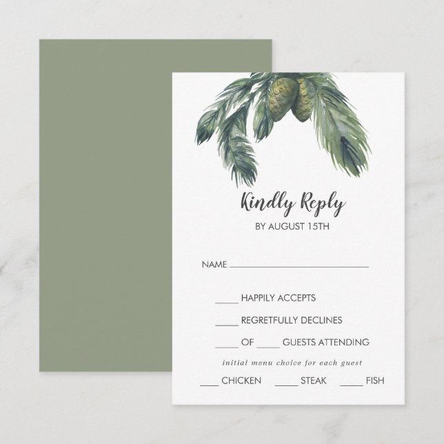 Winter Greenerity Menu Choice Wedding RSVP Card Karte (Vorne/Hinten)