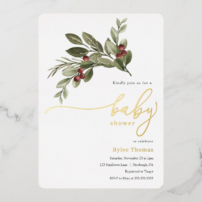Winter Greenery Baby Shower Folieneinladung (Vorderseite)