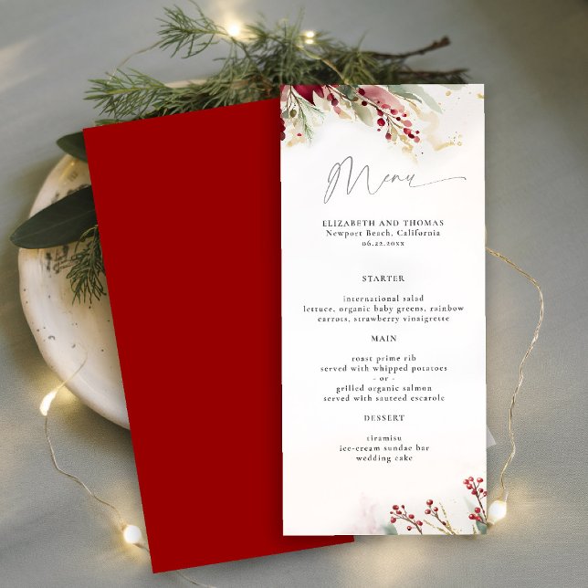 Winter Greenery Berries Red Green Botanical Modern Menükarte (winter christmas wedding bridal shower menu greenery botanical berries red green gold watercolor)