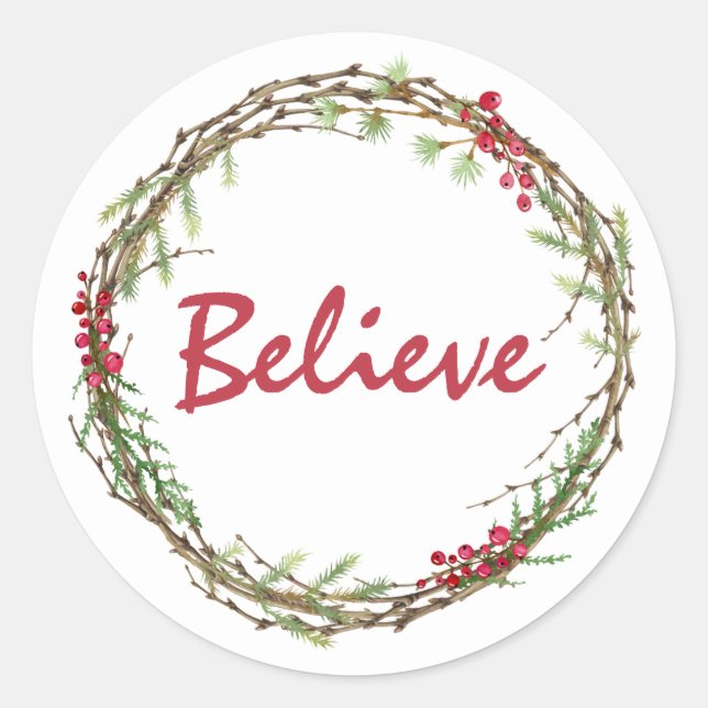 Winter Greenery Berries Wreath Christmas Glaube C Runder Aufkleber (Vorderseite)