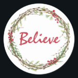 Winter Greenery Berries Wreath Christmas Glaube C Runder Aufkleber<br><div class="desc">Eleganter und moderner festlicher Umschlag Aufkleber oder Geschenkaufkleber für Weihnachten mit dem Text 'Glaube' an die roten,  schicken Schriftzeichen Kalligraphie und einer stilvollen Touch von Wintergrün und Beeren Kranz. Exklusiv für Sie entworfen von Happy Dolphin Studio. Wenn Sie Hilfe oder passende Produkte benötigen,  kontaktieren Sie uns bitte unter happydolphinstudio.com.</div>