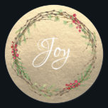 Winter Greenery Berries Wreath Christmas Joy Gold Runder Aufkleber<br><div class="desc">Eleganter und moderner festlicher Umschlag Aufkleber oder Geschenksticker zu Weihnachten mit dem Text 'Joy' in weißer Schriftzeichen-Kalligraphie und einem stilvollen Wintergarten und Beeren-Kranz auf Champagnergold-Hintergrund. Exklusiv für Sie entworfen von Happy Dolphin Studio. Wenn Sie Hilfe oder passende Produkte benötigen,  kontaktieren Sie uns bitte über unseren Chat!</div>