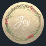 Winter Greenery Berries Wreath Christmas Joy Gold Runder Aufkleber<br><div class="desc">Eleganter und moderner festlicher Umschlag Aufkleber oder Geschenksticker zu Weihnachten mit dem Text 'Joy' in weißer Schriftzeichen-Kalligraphie und einem stilvollen Wintergarten und Beeren-Kranz auf Champagnergold-Hintergrund. Exklusiv für Sie entworfen von Happy Dolphin Studio. Wenn Sie Hilfe oder passende Produkte benötigen,  kontaktieren Sie uns bitte über unseren Chat!</div>