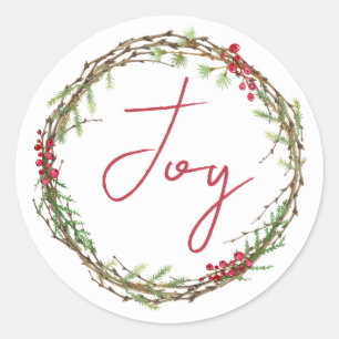 Winter Greenery Berries Wreath Christmas Joy Runder Aufkleber