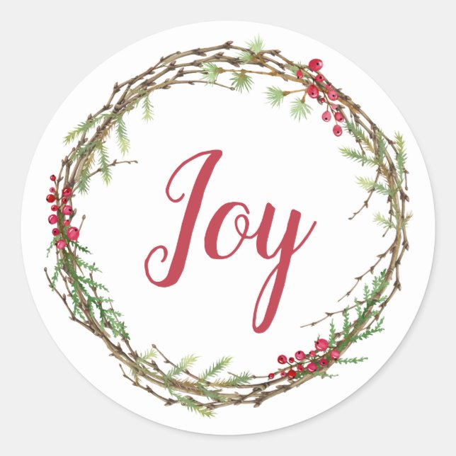 Winter Greenery Berries Wreath Christmas Joy Runder Aufkleber (Vorderseite)