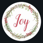 Winter Greenery Berries Wreath Christmas Joy Runder Aufkleber<br><div class="desc">Eleganter und moderner festlicher Umschlag Aufkleber oder Geschenkaufkleber für Weihnachten mit dem Text 'Joy' in roter Chic-Schrift-Kalligraphie und einer stilvollen Touch von Wintergrün und Beeren Kranz. Exklusiv für Sie entworfen von Happy Dolphin Studio. Wenn Sie Hilfe oder passende Produkte benötigen,  kontaktieren Sie uns bitte unter happydolphinstudio.com.</div>