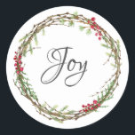 Winter Greenery Berries Wreath Christmas Joy Runder Aufkleber<br><div class="desc">Eleganter und moderner festlicher Umschlag Aufkleber oder Geschenksticker zu Weihnachten mit dem Text 'Joy' in chic script kalligraphie und einem stilvollen Wintergrün und Beeren Kranz. Exklusiv für Sie entworfen von Happy Dolphin Studio. Wenn Sie Hilfe oder passende Produkte benötigen, kontaktieren Sie uns bitte unter happydolphinstudio.com.</div>