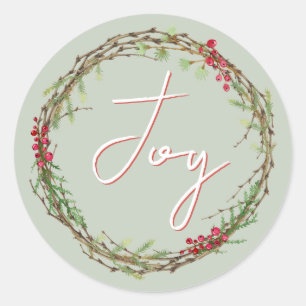 Winter Greenery Berries Wreath Christmas Joy Runder Aufkleber