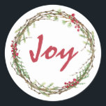 Winter Greenery Berries Wreath Christmas Joy Runder Aufkleber<br><div class="desc">Eleganter und moderner festlicher Umschlag Aufkleber oder Geschenkaufkleber für Weihnachten mit dem Text 'Joy' in roter Chic-Schrift-Kalligraphie und einer stilvollen Touch von Wintergrün und Beeren Kranz. Exklusiv für Sie entworfen von Happy Dolphin Studio. Wenn Sie Hilfe oder passende Produkte benötigen,  kontaktieren Sie uns bitte über unseren Shop Chat!</div>