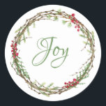 Winter Greenery Berries Wreath Christmas Joy Runder Aufkleber<br><div class="desc">Eleganter und moderner festlicher Umschlag Aufkleber oder Geschenksticker zu Weihnachten mit dem Text 'Joy' in grüner Chic-Schrift-Kalligraphie und einem stilvollen Wintergarten und Beeren Kranz. Exklusiv für Sie entworfen von Happy Dolphin Studio. Wenn Sie Hilfe oder passende Produkte benötigen,  kontaktieren Sie uns bitte unter happydolphinstudio.com.</div>