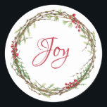 Winter Greenery Berries Wreath Christmas Joy Runder Aufkleber<br><div class="desc">Eleganter und moderner festlicher Umschlag Aufkleber oder Geschenkaufkleber für Weihnachten mit dem Text 'Joy' in roter Chic-Schrift-Kalligraphie und einem stilvollen Wintergrün und Beeren Kranz. Exklusiv für Sie entworfen von Happy Dolphin Studio. Wenn Sie Hilfe oder passende Produkte benötigen,  kontaktieren Sie uns bitte unter happydolphinstudio.com.</div>