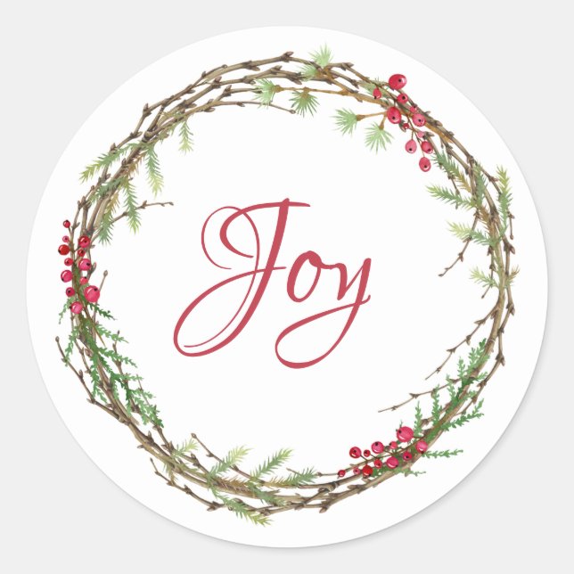 Winter Greenery Berries Wreath Christmas Joy Runder Aufkleber (Vorderseite)