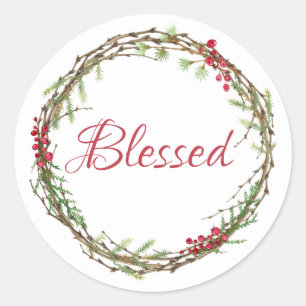 Winter Greenery Berries Wreath Weihnachten gesegne Runder Aufkleber