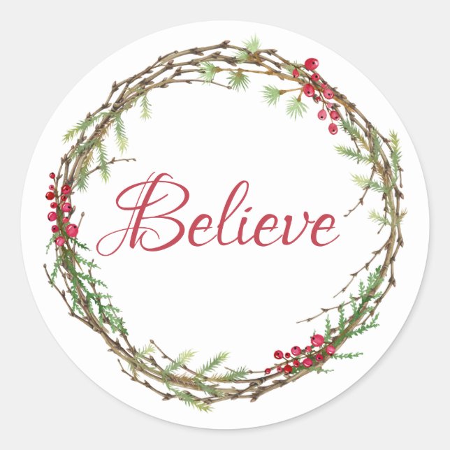 Winter Greenery Berries Wreath Weihnachten glauben Runder Aufkleber (Vorderseite)