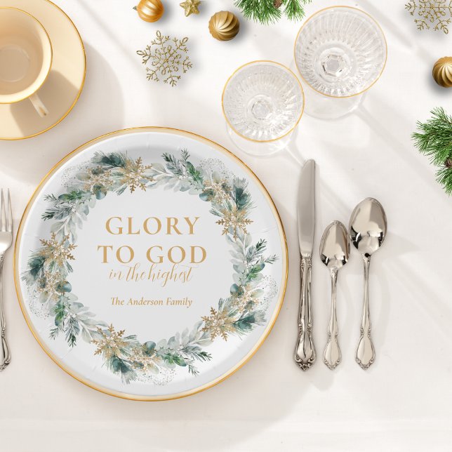 Winter Greenery Bible Verse Religiöse Weihnachten Pappteller (Religious Christmas paper plate with Glory to God Bible verse and winter greenery)