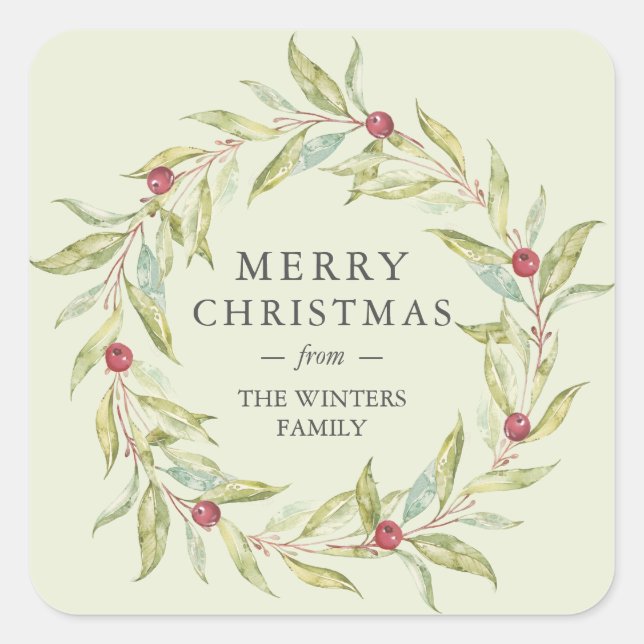 Winter Greenery Blätter Berries Wreath Quadratischer Aufkleber (Vorderseite)