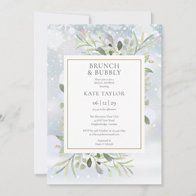 Winter Greenery Brunch und Bubbly Brautparty Einladung (Vorderseite)