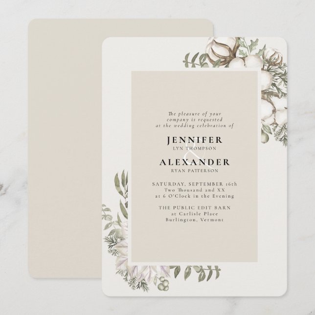 Winter Greenery Floral Elfenbein Hochzeit Einladung (Vorne/Hinten)