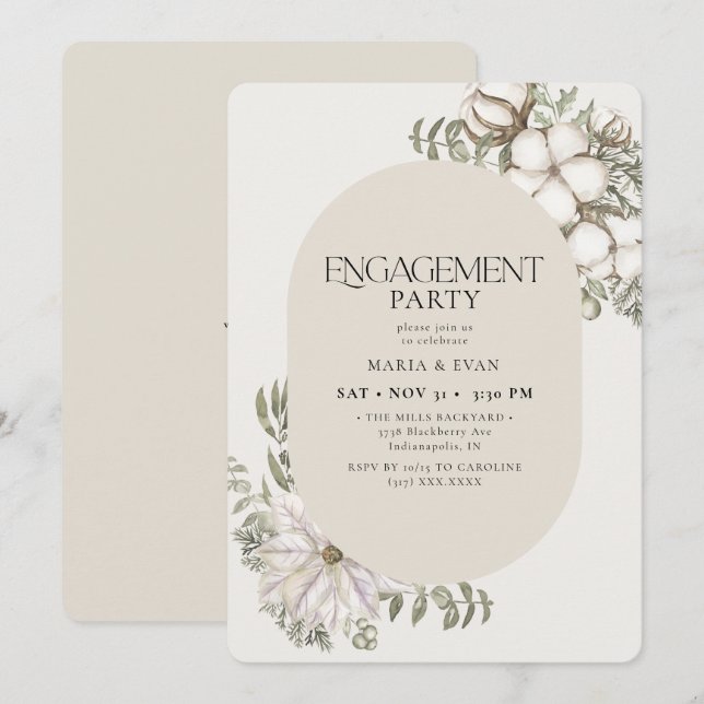 Winter Greenery Floral Oval ElfenbeinEngagement Pa Einladung (Vorne/Hinten)