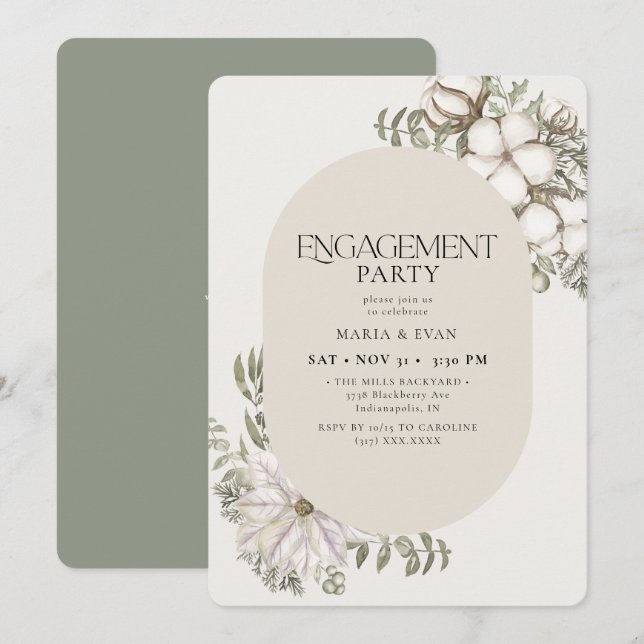 Winter Greenery Floral Oval Engagement Party Einladung (Vorne/Hinten)