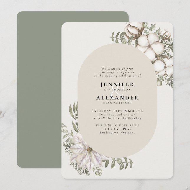 Winter Greenery Floral Oval Hochzeit Einladung (Vorne/Hinten)