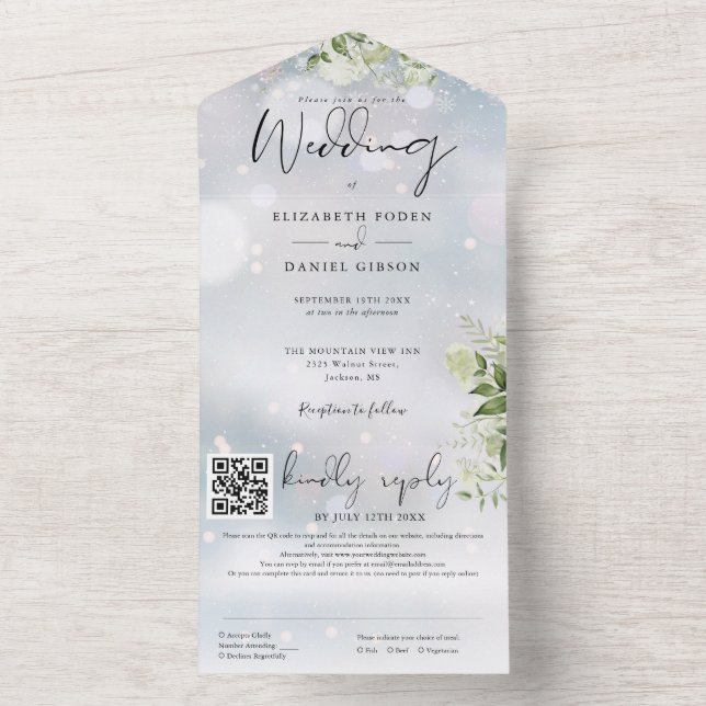 Winter Greenery Floral QR Code Hochzeit All In One Einladung (Innen Boden)