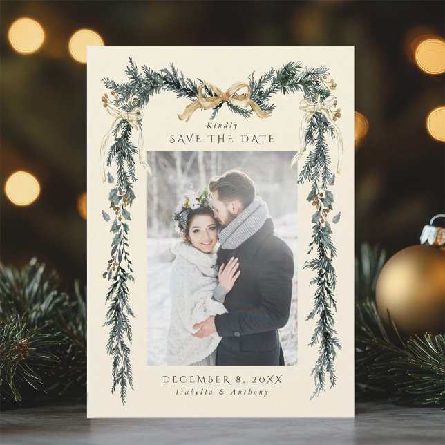 Winter Greenery Garland Wedding Photo Ivory Save The Date (Von Creator hochgeladen)