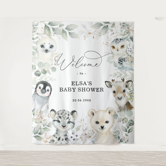 Winter Greenery Gold Arctic Animals Baby Willkomme Wandteppich (Vorderseite)
