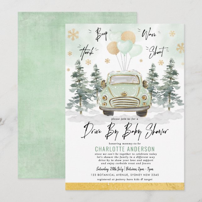 Winter Greenery Gold Drive by Baby Duschparade Einladung (Vorne/Hinten)