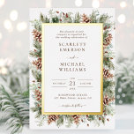 Winter Greenery Gold Foil Einladung zur Hochzeit<br><div class="desc">Diese echte Goldfolie Winterurlaub Hochzeitseinladung mit handgemalten Aquarellen und Pinecones,  die als schöner Rahmen angeordnet sind. Der Text ist braun und der Hintergrund weiß. Auf der Rückseite befindet sich ein stilvoller,  passender Bouquet. Finden Sie passende Artikel in der Weihnachtskollektion Pinecone und Greenery.</div>