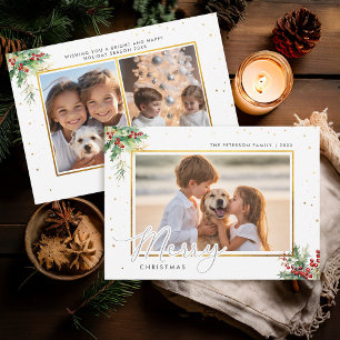 Winter Greenery Gold Frame Kids Foto Weihnachten
