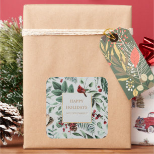 Winter Greenery Kardinal Happy Holidays Monogram Quadratischer Aufkleber