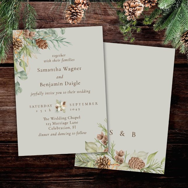 Winter Greenery Pine Beige Elegante Hochzeit Einladung (Von Creator hochgeladen)