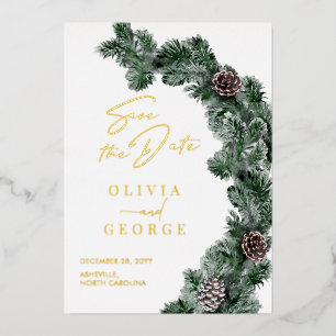 Winter Greenery Pinecone Weihnachten Save the Date Folieneinladung