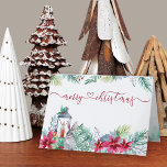 Winter Greenery Poinsettia und Kaninchen Wasserfar Feiertagskarte<br><div class="desc">Personalisierte Weihnachtskarten mit eleganter Kalligraphie und hübscher Winterblumengarage. Dieses Aquarell-Design hat Poinsettien mit Wintergrün, Beeren und Kiefern mit einer Kerzenleuchte Laterne und einem Kaninchen. Frohe Weihnachten wird von Hand geschrieben und mit einem Liebe-Herz verbunden. Im Inneren gibt es einen Kiefernwaldstreifen und die Vorlage ist für Sie Set, um Ihre Nachricht...</div>