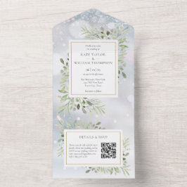 Winter Greenery QR Code Monogram Wedding All In One Einladung