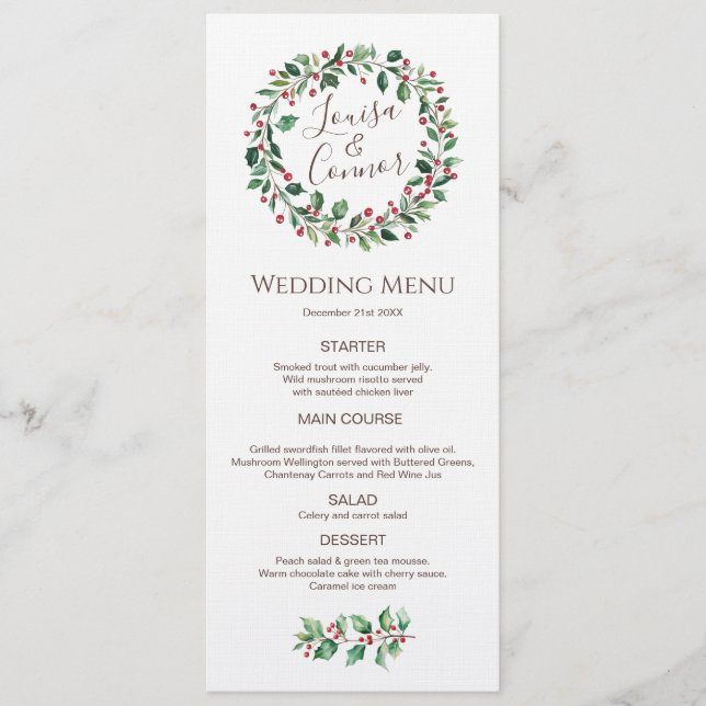 Winter Greenery Red Berry Menu Mariage (Devant)
