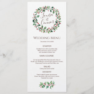 Winter Greenery Red Berry Wedding Menu Menükarte