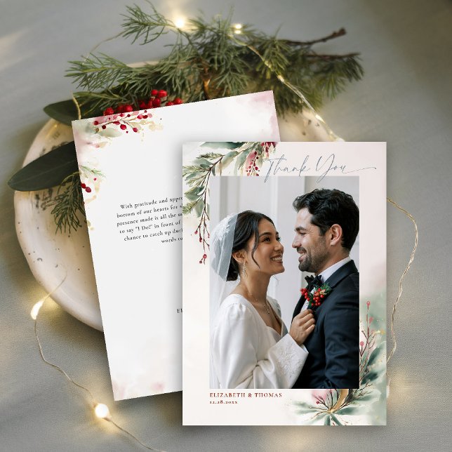 Winter Greenery Red Christmas Chic Foto Vielen Dan Dankeskarte (winter christmas wedding bridal shower thank you card greenery botanical berries red green romantic)