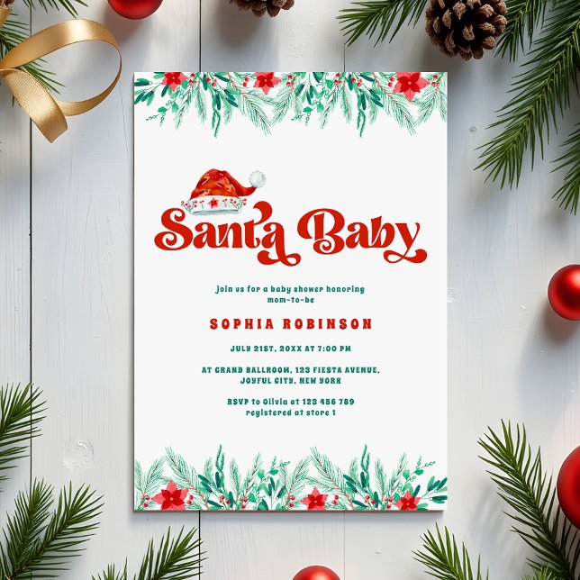 Winter Greenery Retro Script Santa Baby Dusche Einladung (Von Creator hochgeladen)