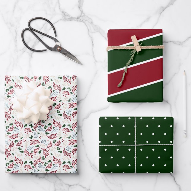 Winter Greenery Rot und Grün Muster Weihnachten Geschenkpapier Set (Vorderseite)