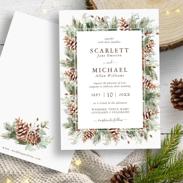 Winter Greenery Urlaub Hochzeit Einladung (Winter Mountain Pine Greenery Holiday Wedding Invitation by Painted Paperie
)