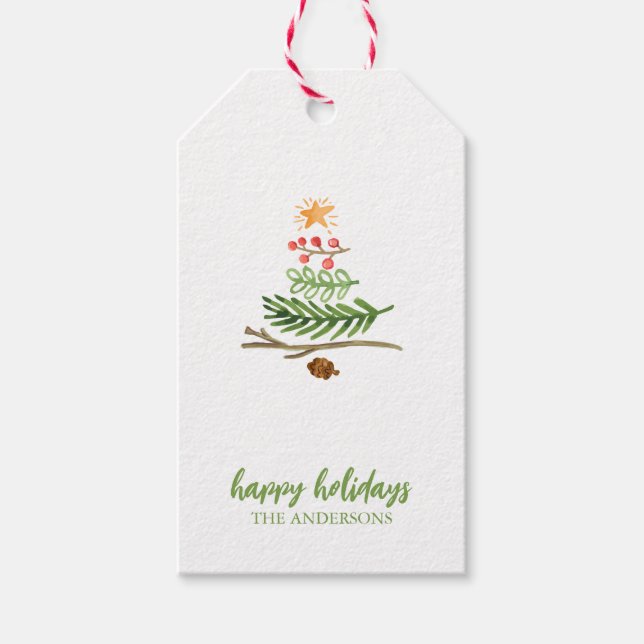 Winter Greenery Watercolor Weihnachtsbaum Geschenkanhänger (Vorderseite)