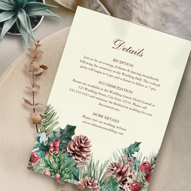 Winter Greenery Wedding Details Card Einladung (Winter Evergreen Elegance Wedding Details on neutral background.)